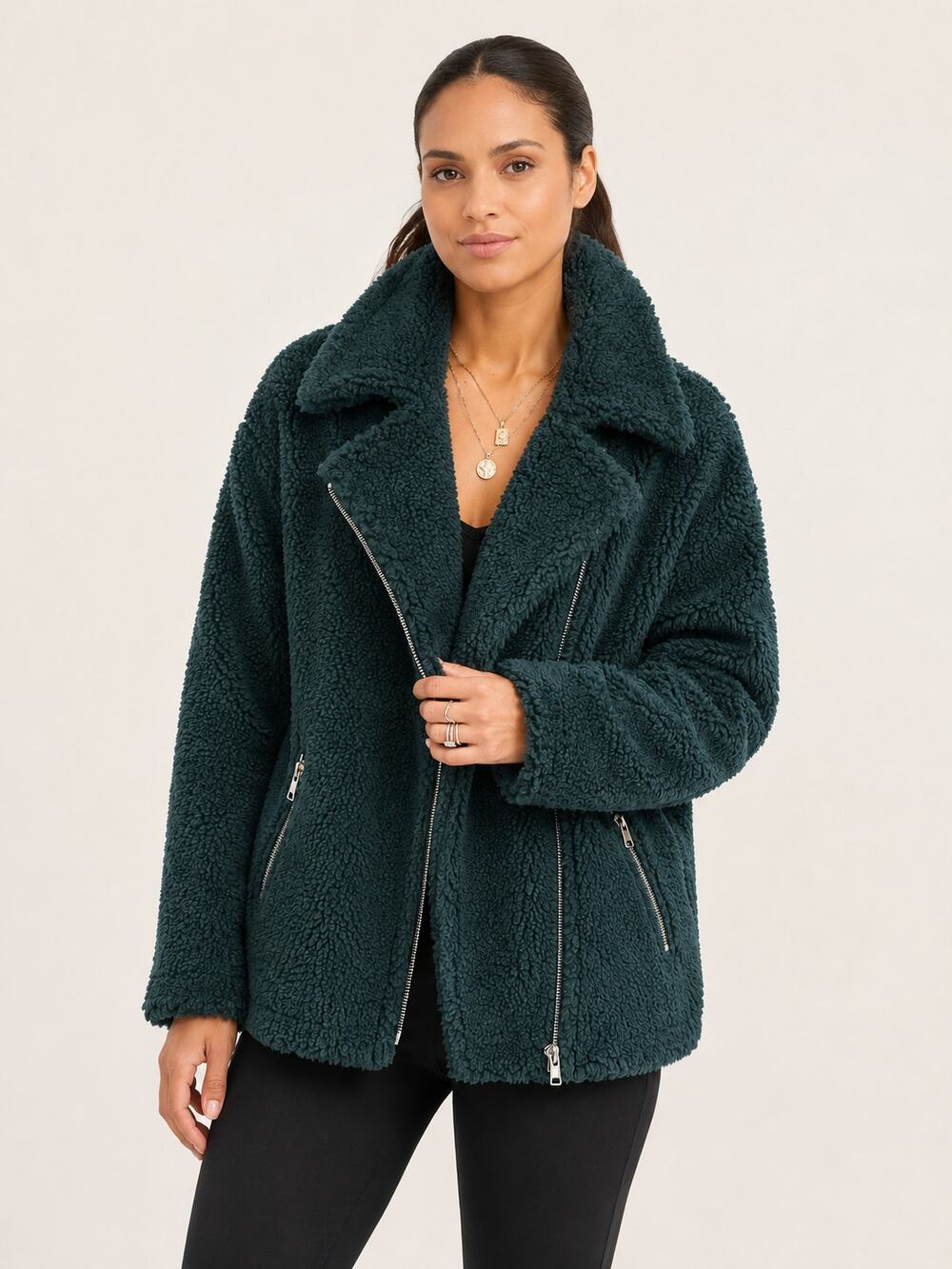 VICI Teddy Sherpa Fleece Asymmetrical Zip Jacket Emerald Green S